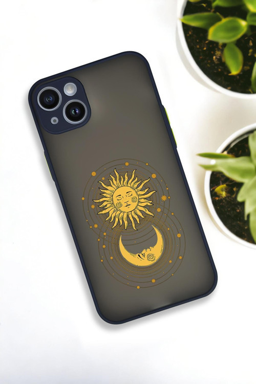 İphone 14 Plus Uyumlu Moon And Sun Desenli Buzlu Şeffaf Lüx Telefon Kılıfı