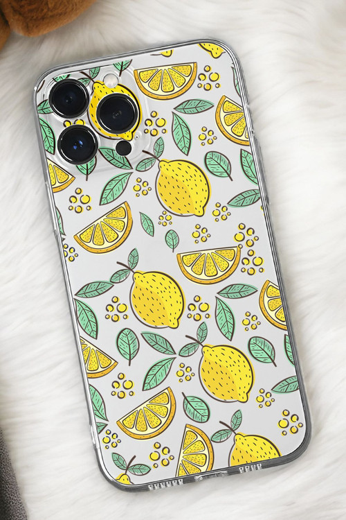 İphone 15 Uyumlu Limon Desenli Premium Silikonlu Şeffaf Telefon Kılıfı