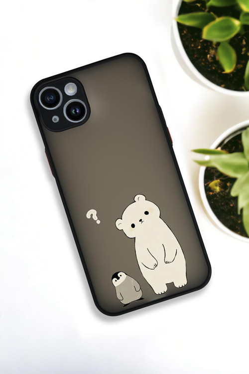 İphone 14 Plus Uyumlu Penguen Ve Ayıcık Desenli Buzlu Şeffaf Lüx Telefon Kılıfı
