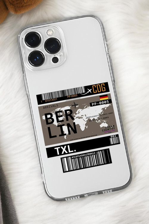 İphone 15 Uyumlu Berlin Ticket Desenli Premium Silikonlu Şeffaf Telefon Kılıfı