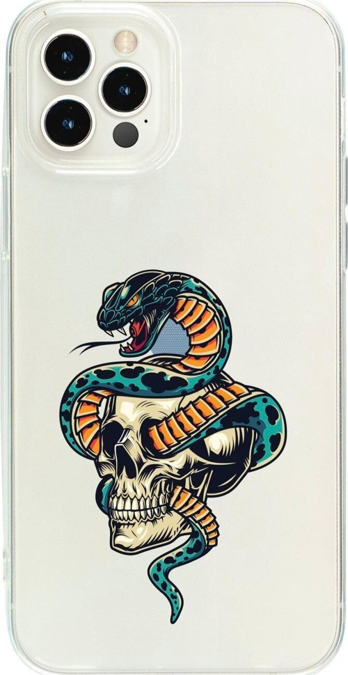 İphone 15 Pro Max Kuru Kafa Ve Yılan Desenli Şeffaf Telefon Kılıfı