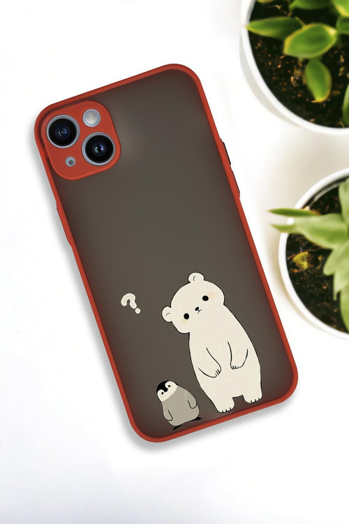 İphone 14 Plus Uyumlu Penguen Ve Ayıcık Desenli Buzlu Şeffaf Lüx Telefon Kılıfı