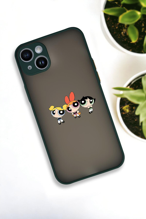 İphone 14 Plus Uyumlu Powerpuff Girls Desenli Buzlu Şeffaf Lüx Telefon Kılıfı