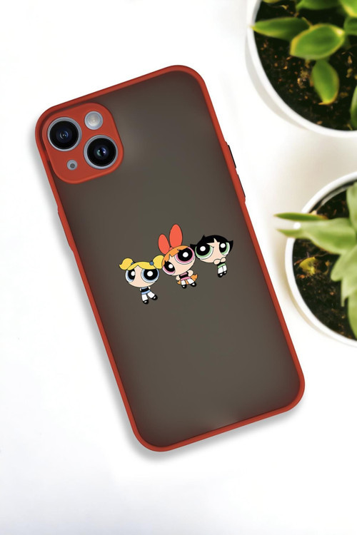 İphone 14 Plus Uyumlu Powerpuff Girls Desenli Buzlu Şeffaf Lüx Telefon Kılıfı
