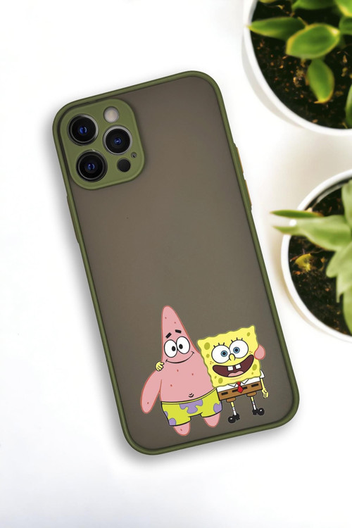 İphone 12 Pro Uyumlu Sünger Bob Ve Patrick Star Desenli Buzlu Şeffaf Lüx Telefon Kılıfı