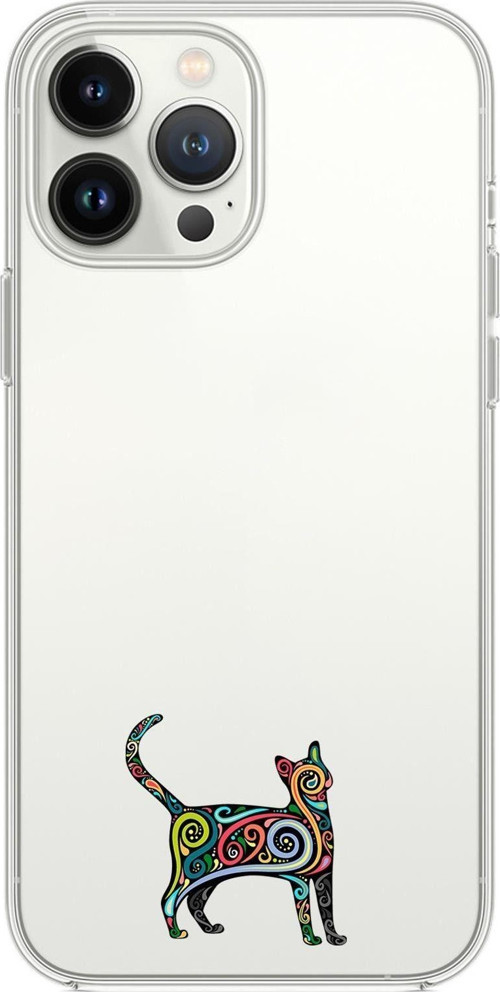 İphone 14 Pro Uyumlu Mandala Cat Desenli Şeffaf Silikonlu Telefon Kılıfı
