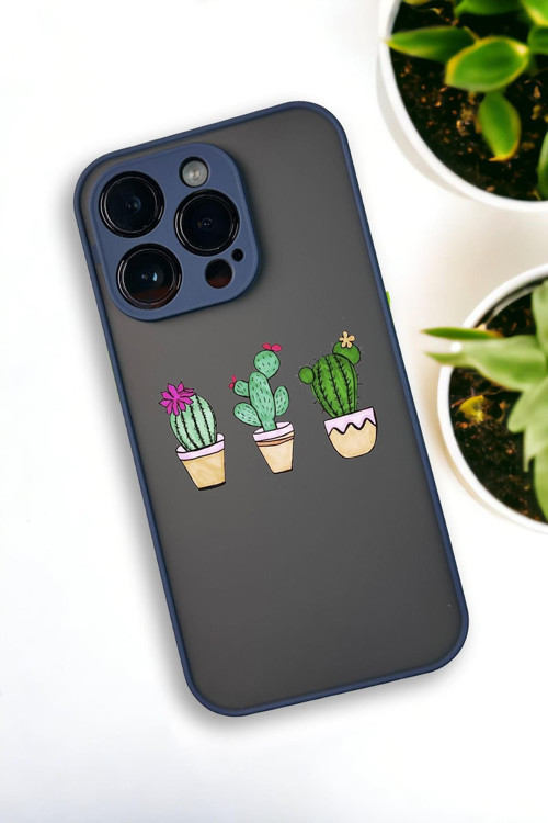 İphone 12 Pro Max Uyumlu Üçlü Kaktüs Desenli Buzlu Şeffaf Lüx Telefon Kılıfı
