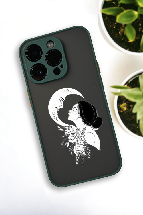 İphone 12 Pro Max Uyumlu Moon And Women Desenli Buzlu Şeffaf Lüx Telefon Kılıfı