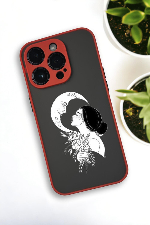 İphone 12 Pro Max Uyumlu Moon And Women Desenli Buzlu Şeffaf Lüx Telefon Kılıfı