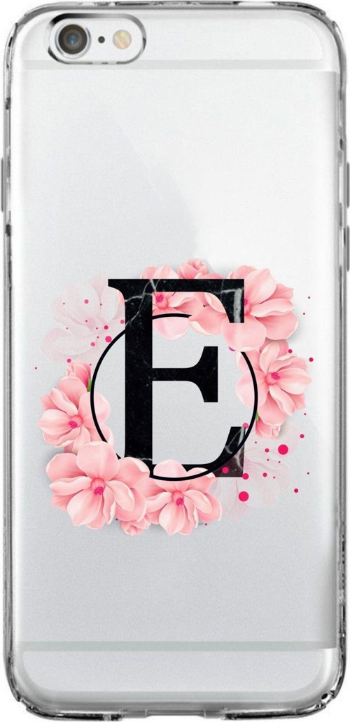 İphone 6 Plus Pembe Çiçek Desen E Harfli Şeffaf Kılıf