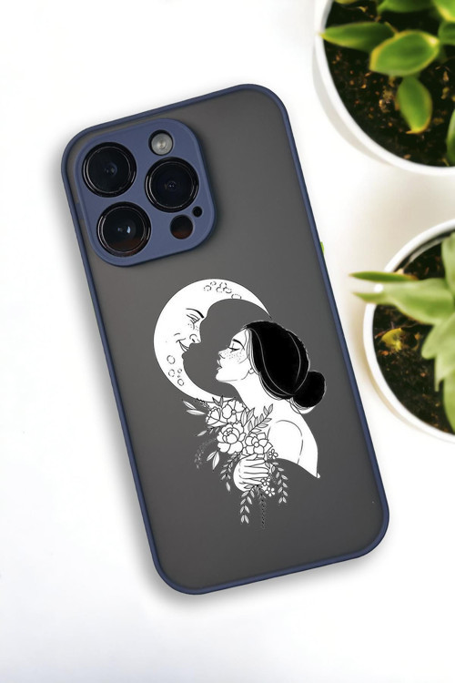 İphone 12 Pro Max Uyumlu Moon And Women Desenli Buzlu Şeffaf Lüx Telefon Kılıfı