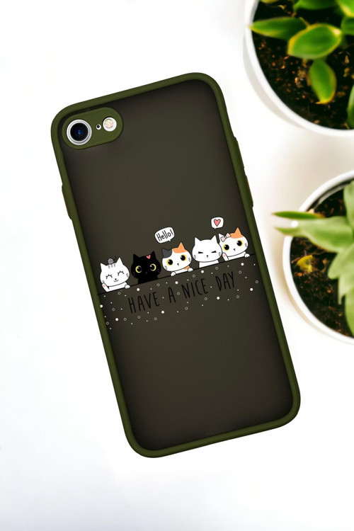 İphone 7 Uyumlu Şirin Kedicikler Desenli Buzlu Şeffaf Lüx Telefon Kılıfı