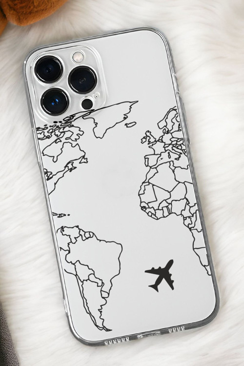 İphone 15 Pro Uyumlu World Map Lines Desenli Premium Silikonlu Şeffaf Telefon Kılıfı