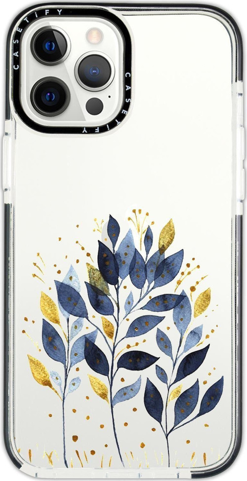 Iphone 12 Pro Casetify Mavi Yaprak Desenli Anti Shock Premium Silikonlu Siyah Kenar Detaylı Telefon