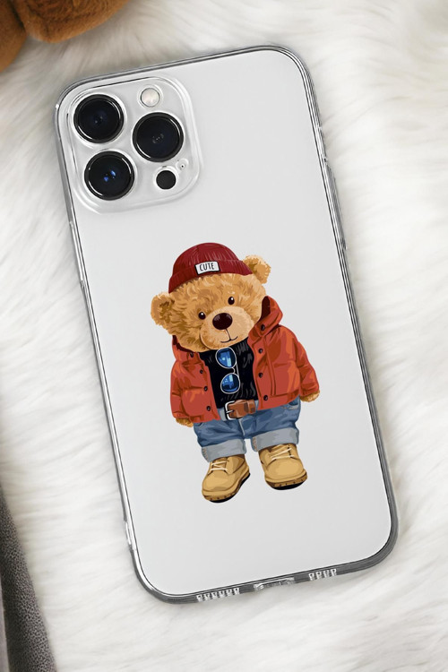 İphone 15 Uyumlu Teddy Bear Desenli Premium Silikonlu Şeffaf Telefon Kılıfı