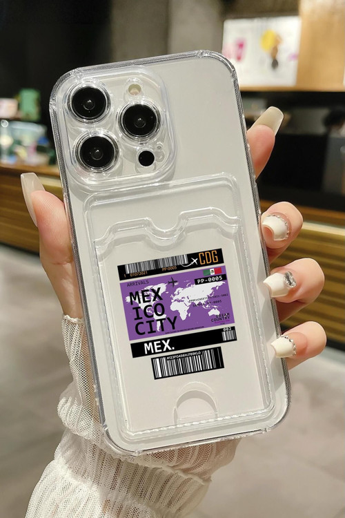İphone 14 Pro Max Uyumlu Mexico Ticket Desenli Şeffaf Kamera Korumalı Ve Kartlıklı Telefon Kılıfı