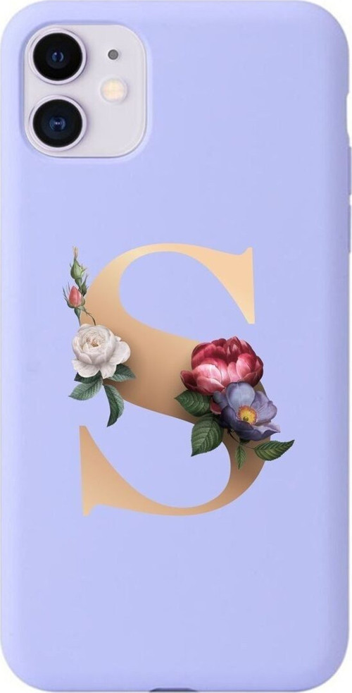 Iphone 11 Gold Çiçekli S Harfli Lila Telefon Kılıfı