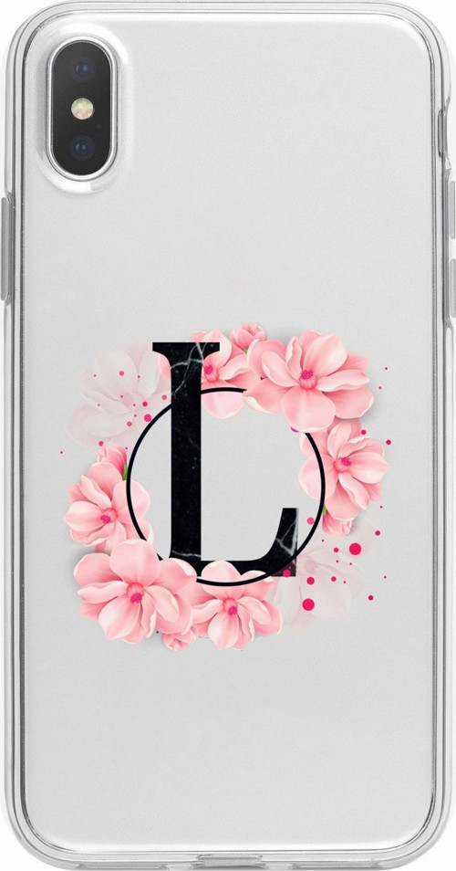 İphone Uyumlu Xs Max Pembe Çiçek Desen L Harfli Şeffaf Kılıf