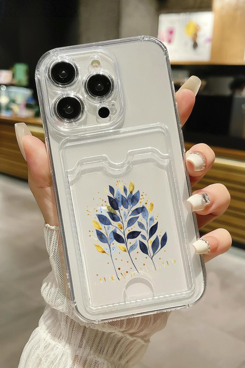 İphone 14 Pro Max Uyumlu Mavi Yaprak Desenli Şeffaf Kamera Korumalı Ve Kartlıklı Telefon Kılıfı