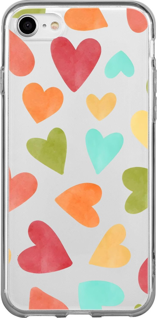 İphone 8 Uyumlu Renkli Kalpler Desenli Premium Şeffaf Silikon Kılıf