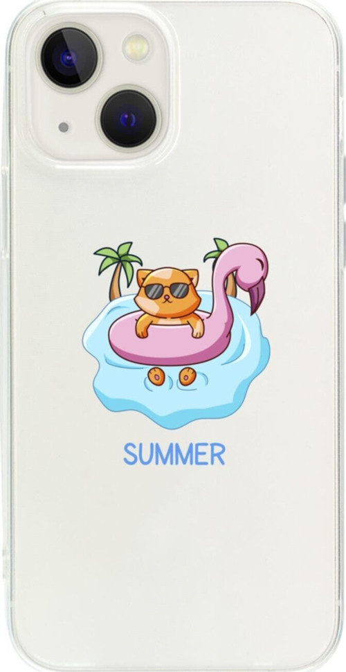 İphone 15 Summer Kedi Tasarımlı Şeffaf Telefon Kılıfı