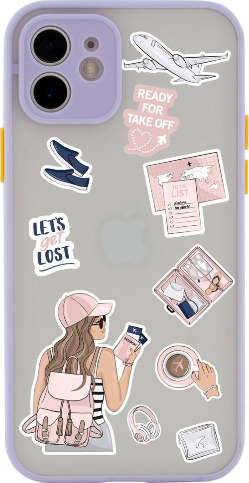 Iphone 11 Lüx Kamera Lens Korumalı Pink Travel Desenli Lila Telefon Kılıfı