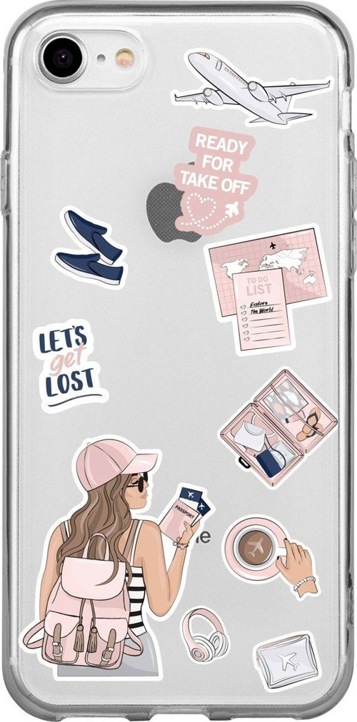 İphone Se Pink Travel Desenli Şeffaf Telefon Kılıfı