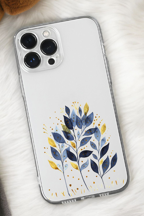 İphone 15 Pro Uyumlu Mavi Yaprak Desenli Premium Silikonlu Şeffaf Telefon Kılıfı