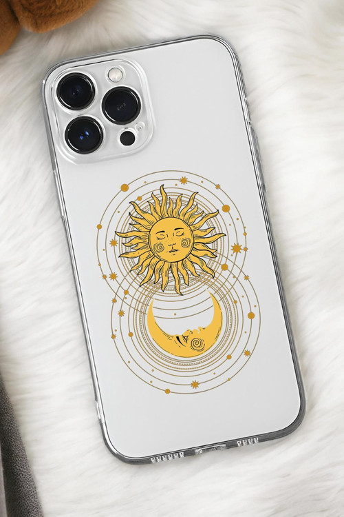 İphone 15 Pro Uyumlu Moon And Sun Desenli Premium Silikonlu Şeffaf Telefon Kılıfı