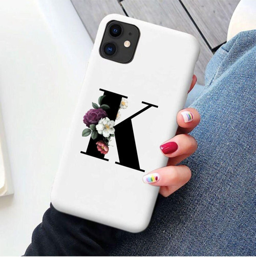 Iphone 11 Beyaz Lansman Gold Renkli Çiçekli K Harfli Desenli Kılıf