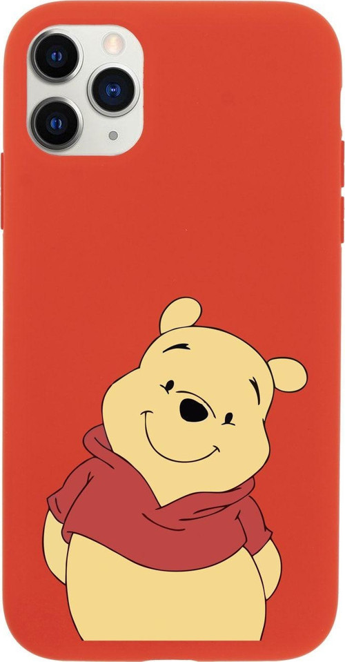 Iphone 11 Pro Max Sevimli Winnie Pooh Tasarımlı Kırmızı Telefon Kılıfı