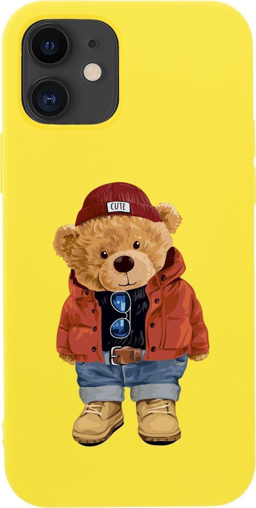 İphone 12 Teddy Bear Premium Silikonlu Telefon Kılıfı Sarı