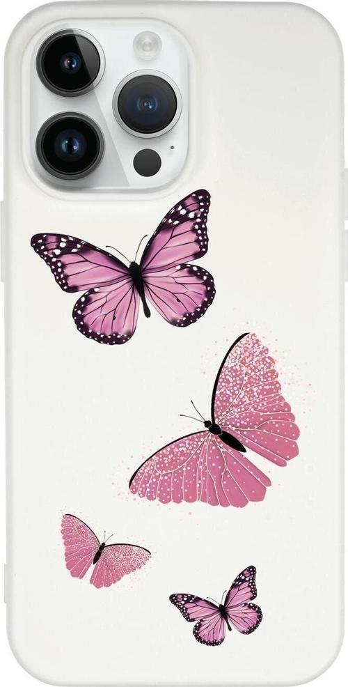 İphone 14 Pro Uyumlu Pembe Kelebekler Desenli Premium Silikonlu Lansman Telefon Kılıfı