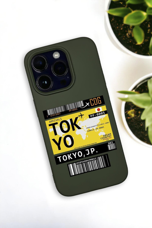 İphone 14 Pro Uyumlu Tokyo Ticket Desenli Premium Silikonlu Haki Lansman Telefon Kılıfı