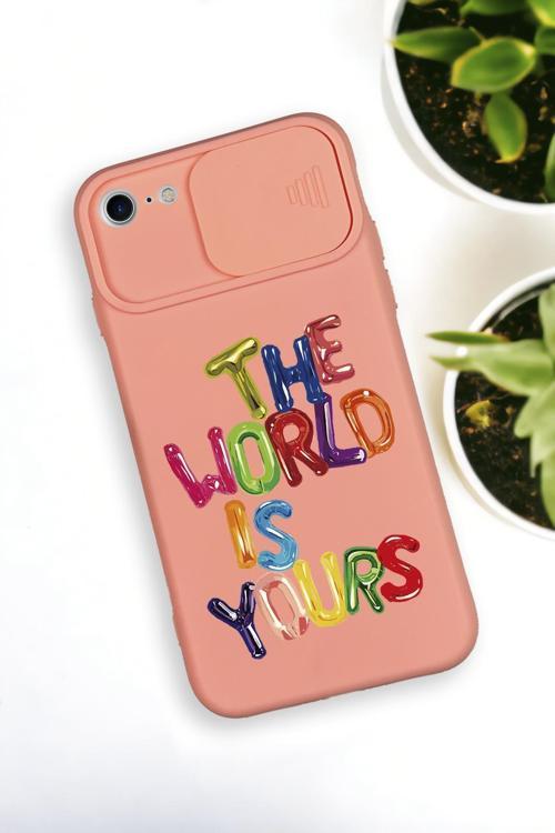 İphone 8 Uyumlu The World Desenli Kamera Koruma Slider Kapaklı Silikonlu Telefon Kılıfı