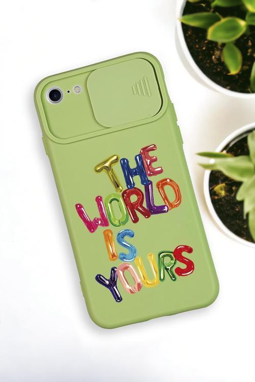 İphone 8 Uyumlu The World Desenli Kamera Koruma Slider Kapaklı Silikonlu Telefon Kılıfı