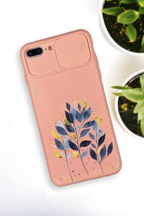 İphone 7 Plus Uyumlu Mavi Yaprak Desenli Kamera Koruma Slider Kapaklı Silikonlu Telefon Kılıfı