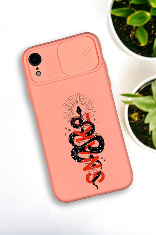 İphone Xr Uyumlu Snake Desenli Kamera Koruma Slider Kapaklı Silikonlu Telefon Kılıfı