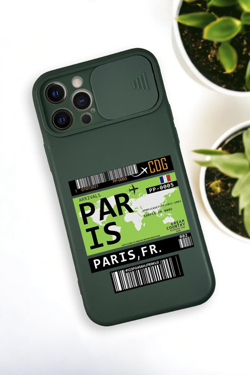 İphone 12 Pro Uyumlu Paris Ticket Desenli Kamera Koruma Slider Kapaklı Silikonlu Telefon Kılıfı
