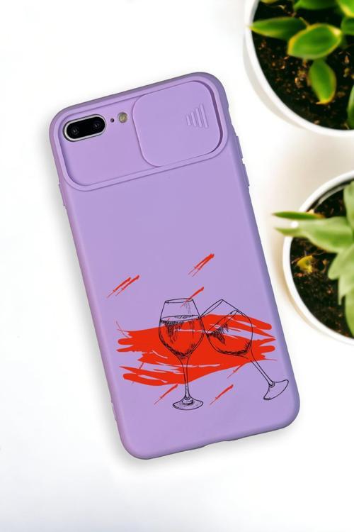İphone 8 Plus Uyumlu Spilled Wine Desenli Kamera Koruma Slider Kapaklı Silikonlu Telefon Kılıfı