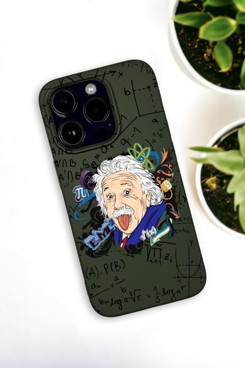 İphone 14 Pro Uyumlu Einstein Desenli Premium Silikonlu Haki Lansman Telefon Kılıfı