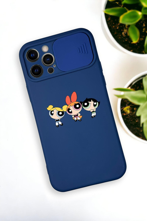 İphone 12 Pro Max Uyumlu Powerpuff Girls Desenli Kamera Koruma Slider Kapaklı Silikonlu Telefon Kılı