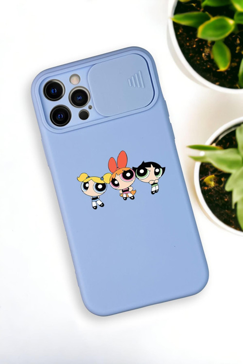 İphone 12 Pro Max Uyumlu Powerpuff Girls Desenli Kamera Koruma Slider Kapaklı Silikonlu Telefon Kılı