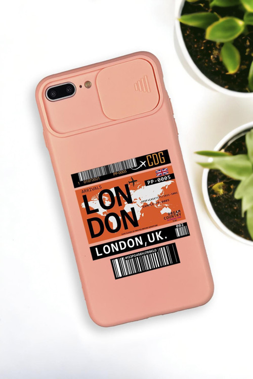 İphone 8 Plus Uyumlu London Yaprak Desenli Kamera Koruma Slider Kapaklı Silikonlu Telefon Kılıfı