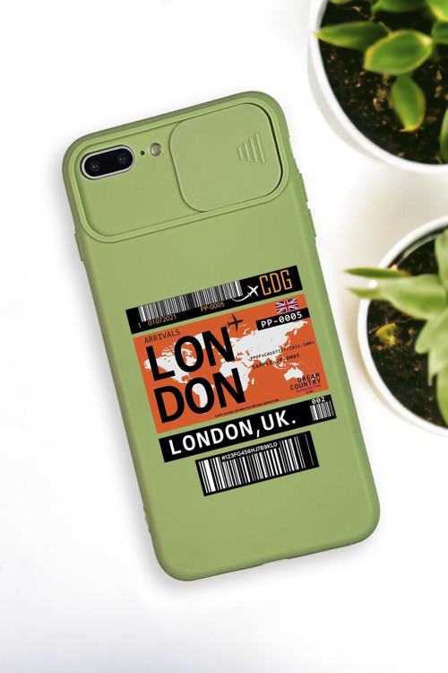 İphone 8 Plus Uyumlu London Yaprak Desenli Kamera Koruma Slider Kapaklı Silikonlu Telefon Kılıfı