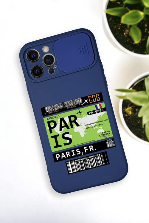 İphone 12 Pro Uyumlu Paris Ticket Desenli Kamera Koruma Slider Kapaklı Silikonlu Telefon Kılıfı