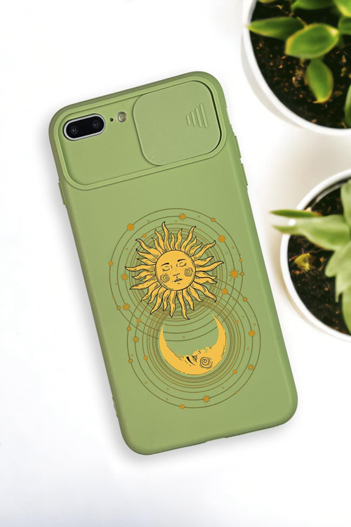 İphone 8 Plus Uyumlu Moon And Sun Desenli Kamera Koruma Slider Kapaklı Silikonlu Telefon Kılıfı