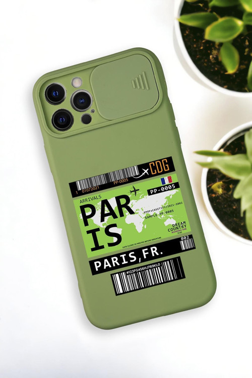 İphone 12 Pro Uyumlu Paris Ticket Desenli Kamera Koruma Slider Kapaklı Silikonlu Telefon Kılıfı