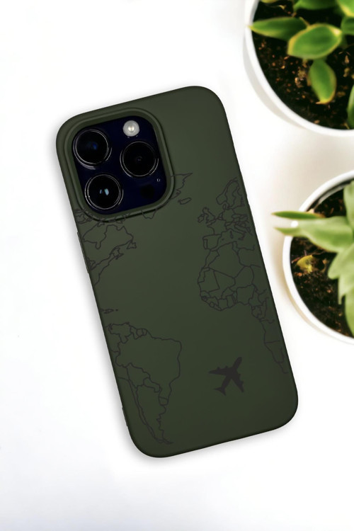 İphone 14 Pro Uyumlu World Map Lines Desenli Premium Silikonlu Haki Lansman Telefon Kılıfı