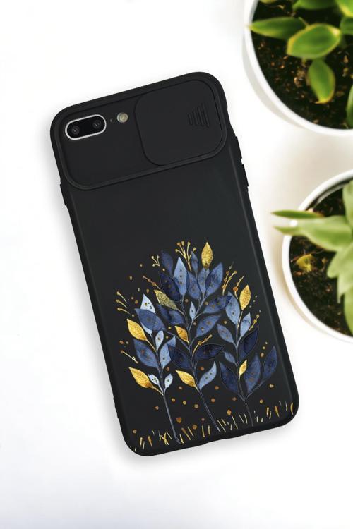 İphone 7 Plus Uyumlu Mavi Yaprak Desenli Kamera Koruma Slider Kapaklı Silikonlu Telefon Kılıfı